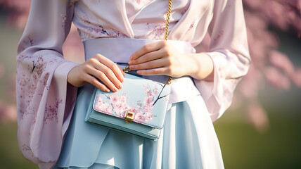 woman in the spring carries a stylish blue purse