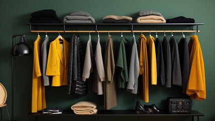 The wall is adorned with a stylish clothing rack
