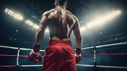 Fototapeta na wymiar A boxer is wearing boxing shorts and red gloves