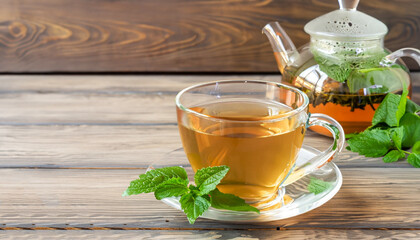 Tea in a transparent cup and teapot from fresh melissa leaves on a wooden background. Traditional herbal drink. Horizontal frame. Copy space