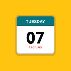 february 07 tuesday icon with yellow background, calender icon