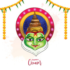 Illustration of greeting card for south indian festival onam with kathakali face background