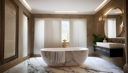 Naklejka na ściany i meble luxury bathroom interior, A luxurious bathroom with a white and beige marble bathtub, exuding tranquility and elegance, wallpaper, bathroom with towel