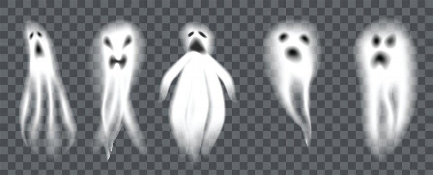 Happy Halloween day vector. Cute collection of spooky ghost with emotion, spirits gradient mesh effect. Transparent shadow effect ghost in Halloween festival for decoration, prints, cover, stickers.