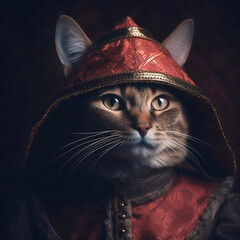A beautiful gray cat in a red hood and a red, elegant vest.