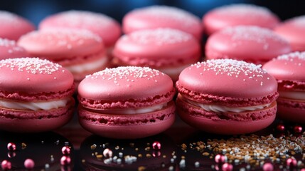Obraz premium Pink macaroons close-up detail on dark background.