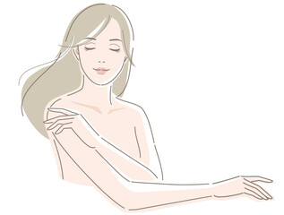 Young woman touches her arm, closed eyes and smile. Vector illustration in line drawing, isolated on white background.