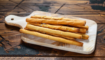 Delicious breadsticks grissini. Italian appetizers. Wooden background