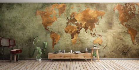 luxury living room and high definition world map on the wall. Generative Ai content
