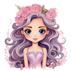 Little Princess watercolor clipart with with rose flower crown, big round black eye, purple hair, purple dress looking front