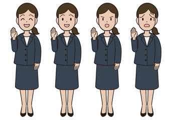 A young woman in a suit raising her hand