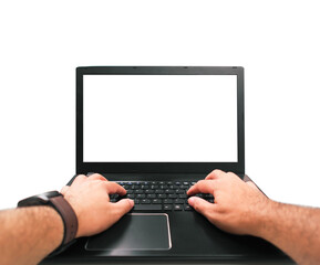 Man hands typing on a laptop computer with blank screen isolated on white background, clipping path.