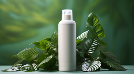 Mockup blank white lotion body care product with nature leaf background