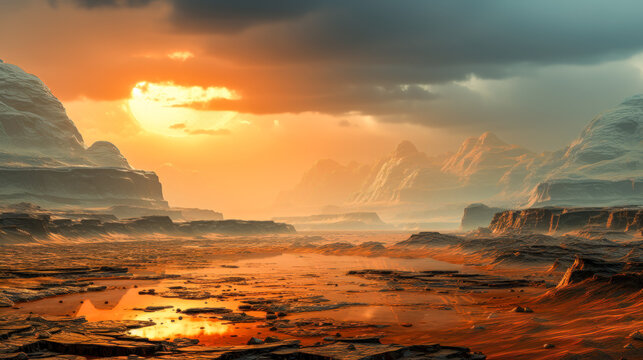 Orange and Yellow Hues a Stunning Image of a Martian Landscape with Snowy Peaks with Rocky Mountain AI Generative