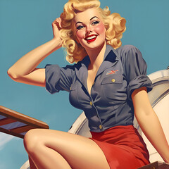 Stewardess. Flight attendant girl against the blue sky. Pin-up style illustration.