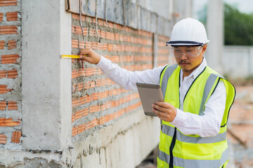 Engineer inspecting the house structure Using a tape measure to check the thickness of the pole through online technology as a helper