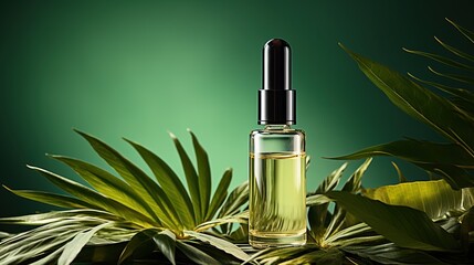 Mockup glass dropper bottle with leaf nature background