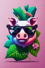 A detailed illustration of a pig with trendy sunglasses with leaf, paint splash, and graffiti background for a t-shirt design and fashion