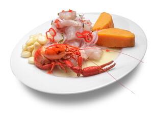 Isolated dish of Peruvian Cebiche with a river shrimp
