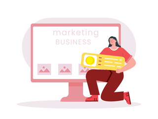 Social media marketing illustration. Marketing vector illustration. Marketing concept illustration. Digital marketing and promotion illustration. Men and women taking part in marketing activities.