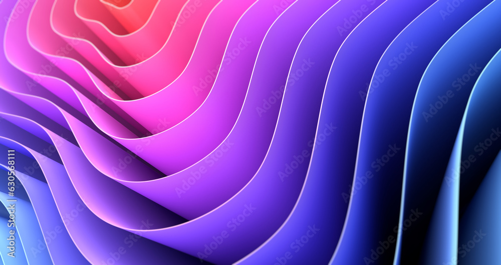 Poster 3d render abstract background of smooth lines of spline waves from pink to blue with deep of field