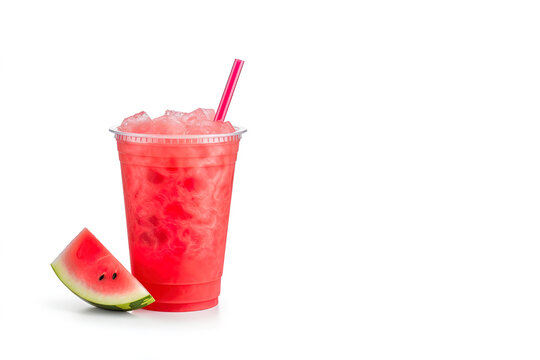 watermelon smoothie in take away cup with watermelon sliced isolated on white background with copy space