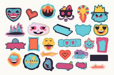 Colorful vintage label shape set. Collection of trendy retro sticker cartoon shapes. Funny comic character art and quote sign patch bundle, Generative AI