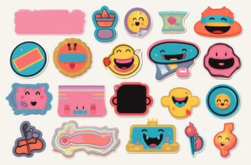 Colorful vintage label shape set. Collection of trendy retro sticker cartoon shapes. Funny comic character art and quote sign patch bundle, Generative AI