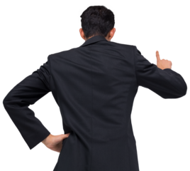 Digital png photo of biracial businessman touching virtual screen on transparent background