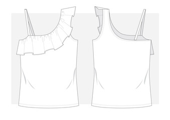 Asymmetrical top with a frill on front. Technical scketch.