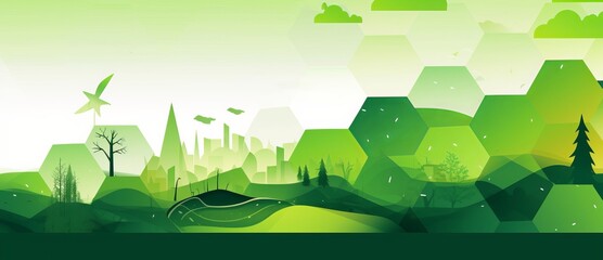 Green eco friendly lifestyle template mosaic illustration with nature abstract shapes. Sustainable energy concept landing page background. Minimalist environment shape website, geometry, Generative AI