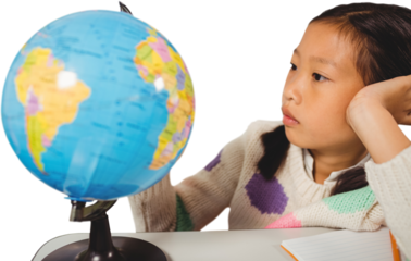 Digital png photo of asian schoolgirl looking at globe on transparent background