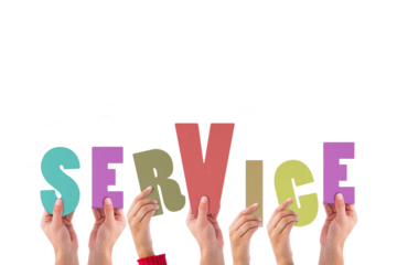 Digital png illustration of hands with service text on transparent background