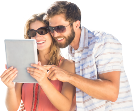 Digital png photo of caucasian couple using tablet on transparent background