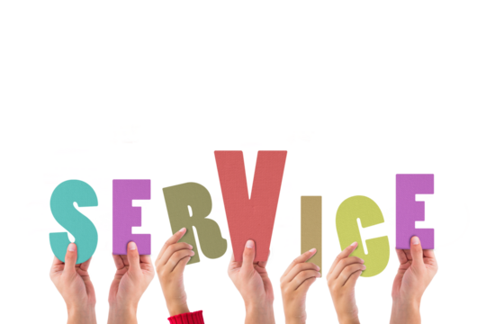 Digital png illustration of hands with service text on transparent background - Powered by Adobe