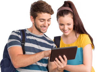 Digital png photo of caucasian couple using tablet on transparent background