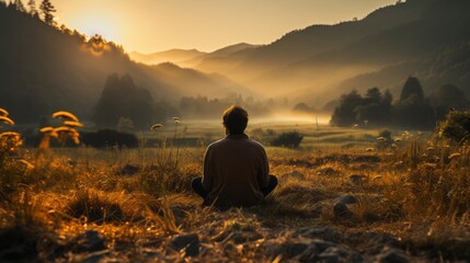 Man meditating in lotus pose at dawn against the background of nature. Golden hour. Yoga. 