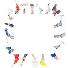 Digital png illustration of work tools in circle on transparent background