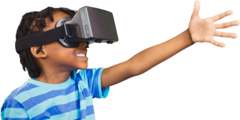 Digital png photo of happy boy using vr glasses on transparent background