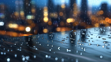 Glass background with raindrops and urban lights