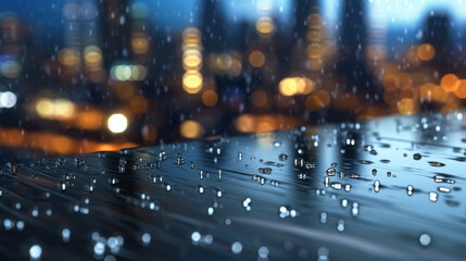 Obraz premium Glass background with raindrops and urban lights