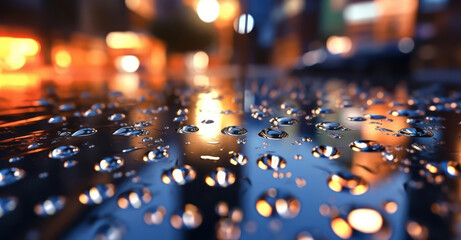 Glass background with raindrops and urban lights