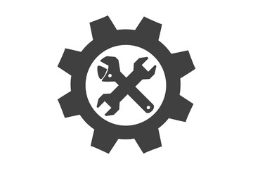 Digital png illustration of gear with wrenches on transparent background