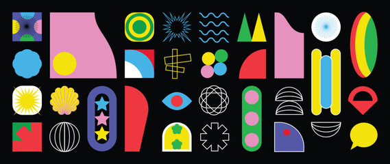 Set of abstract retro geometric shapes vector. Collection of contemporary figure, star, shell, eye, line in 70s groovy style. Bauhaus Memphis design element perfect for banner, print, sticker, decor.