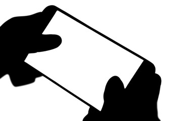 Digital png silhouette of hands using smartphone on transparent background