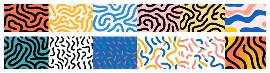 Fototapeta na wymiar Colorful line doodle seamless pattern set. Creative minimalist style art background collection, trendy design with basic shapes. Modern abstract color, Generative AI