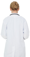 Digital png photo of back view of caucasian woman doctor on transparent background