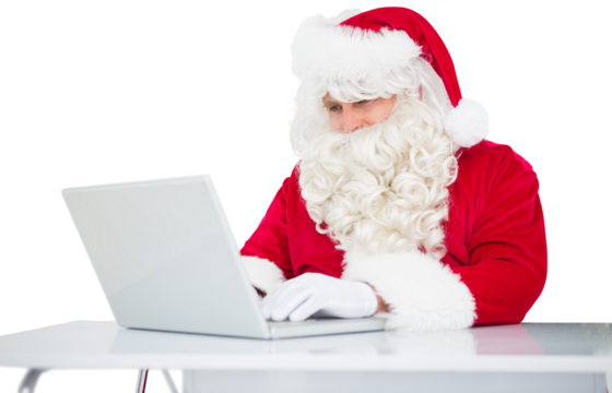 Digital png photo of santa using laptop on transparent background - Powered by Adobe