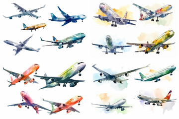 Set of watercolor airplane drawings on white background