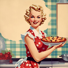 Girl with a pie. Young woman in the kitchen. Illustration in pin-up style.